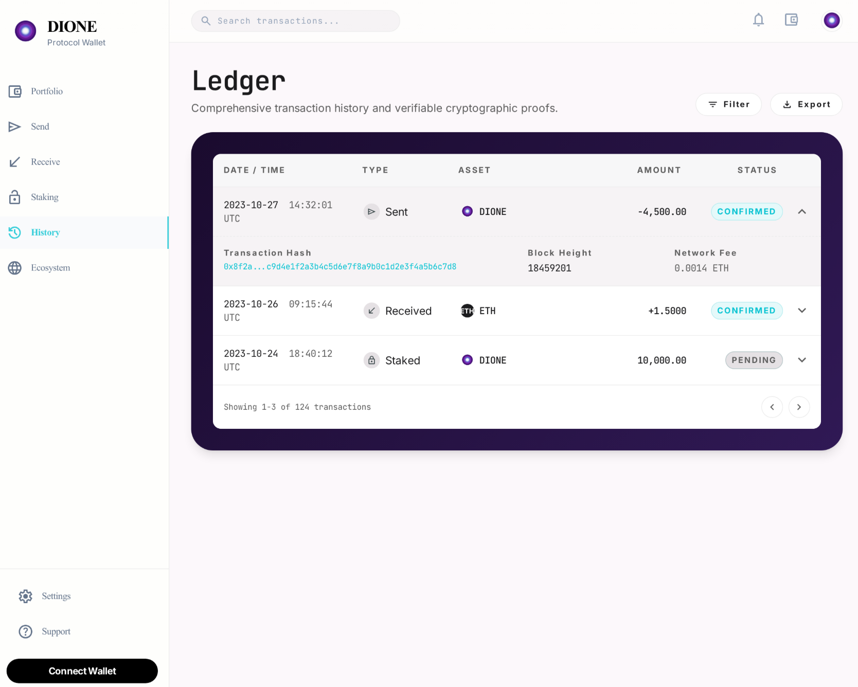 DIONE ERC-20 to Odyssey Chain migration — transaction ledger showing sent, received and staked DIONE with confirmed status
