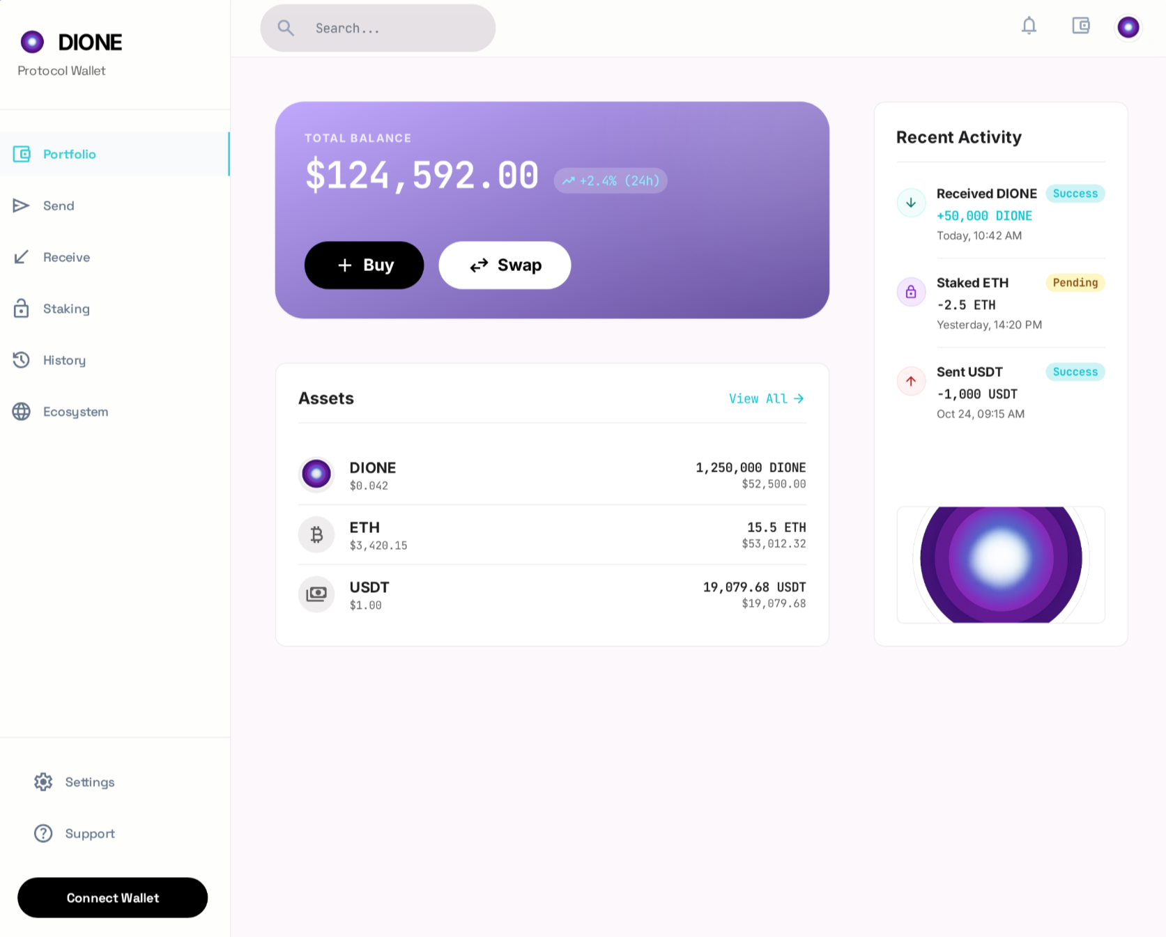 DIONE Wallet desktop download — portfolio dashboard showing total balance, DIONE, ETH and USDT assets on Odyssey Chain