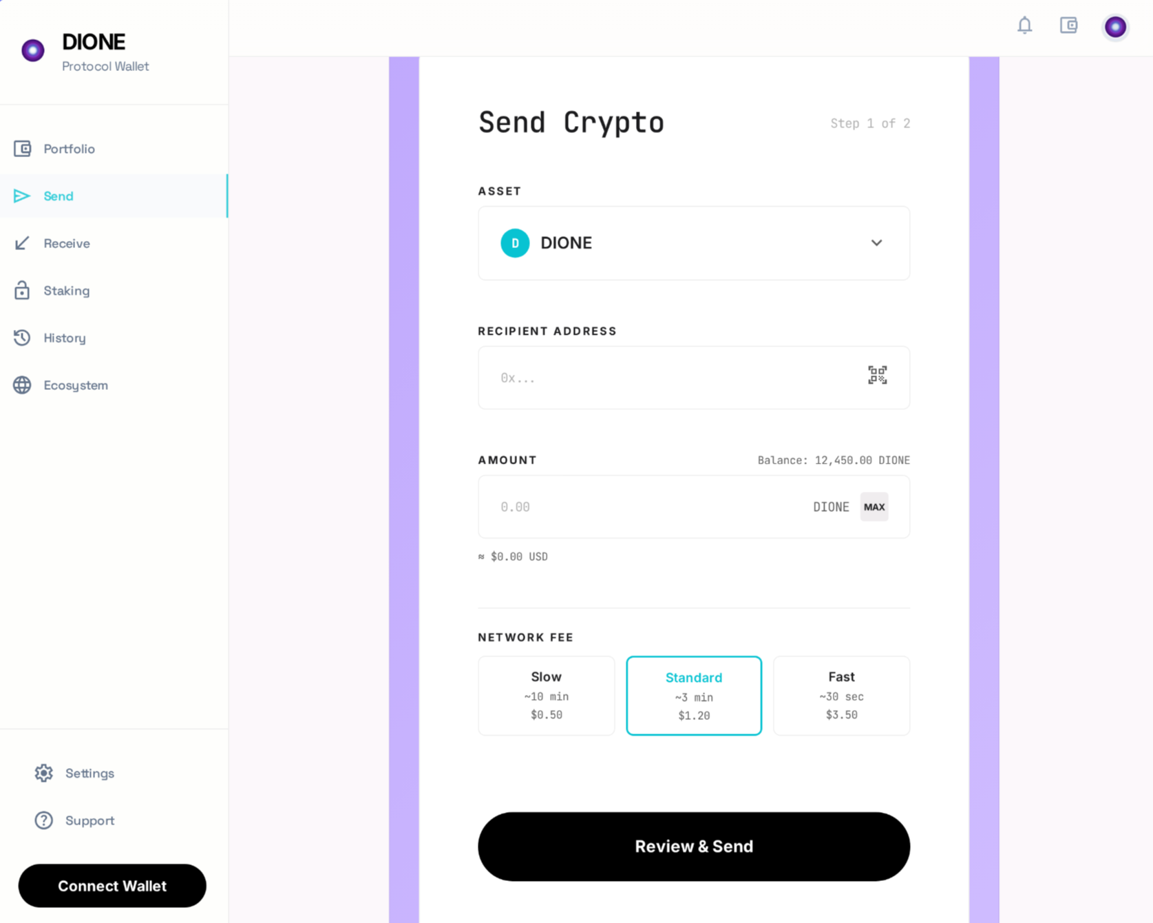 EVM-compatible DIONE Wallet — send crypto screen with asset selector, recipient address, amount and network fee tiers