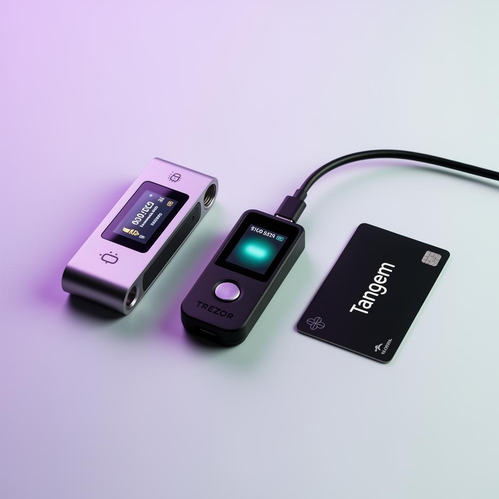 Ledger, Trezor, and Tangem hardware wallets paired with DIONE Wallet